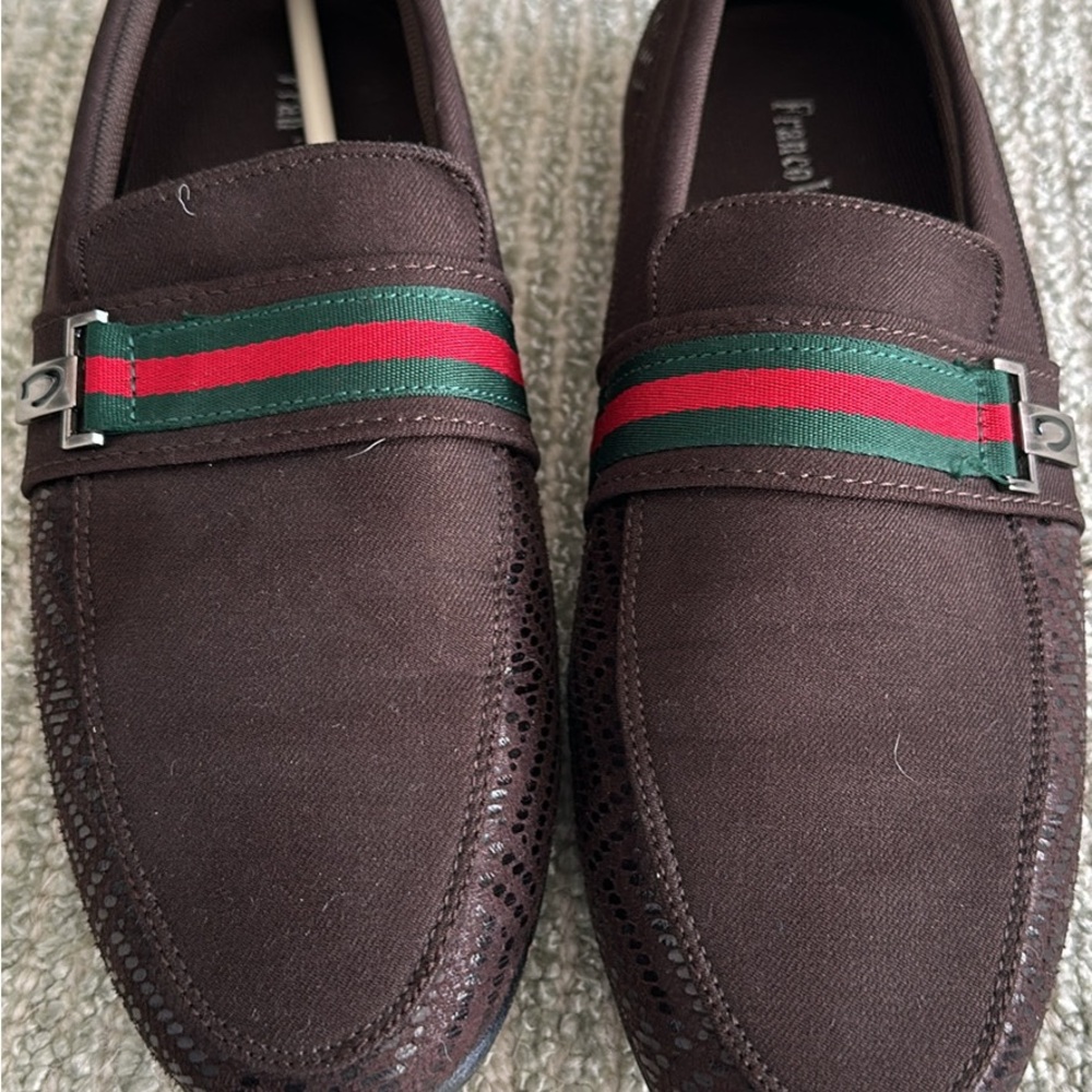 Brown and Green Loafers with Decorative Band